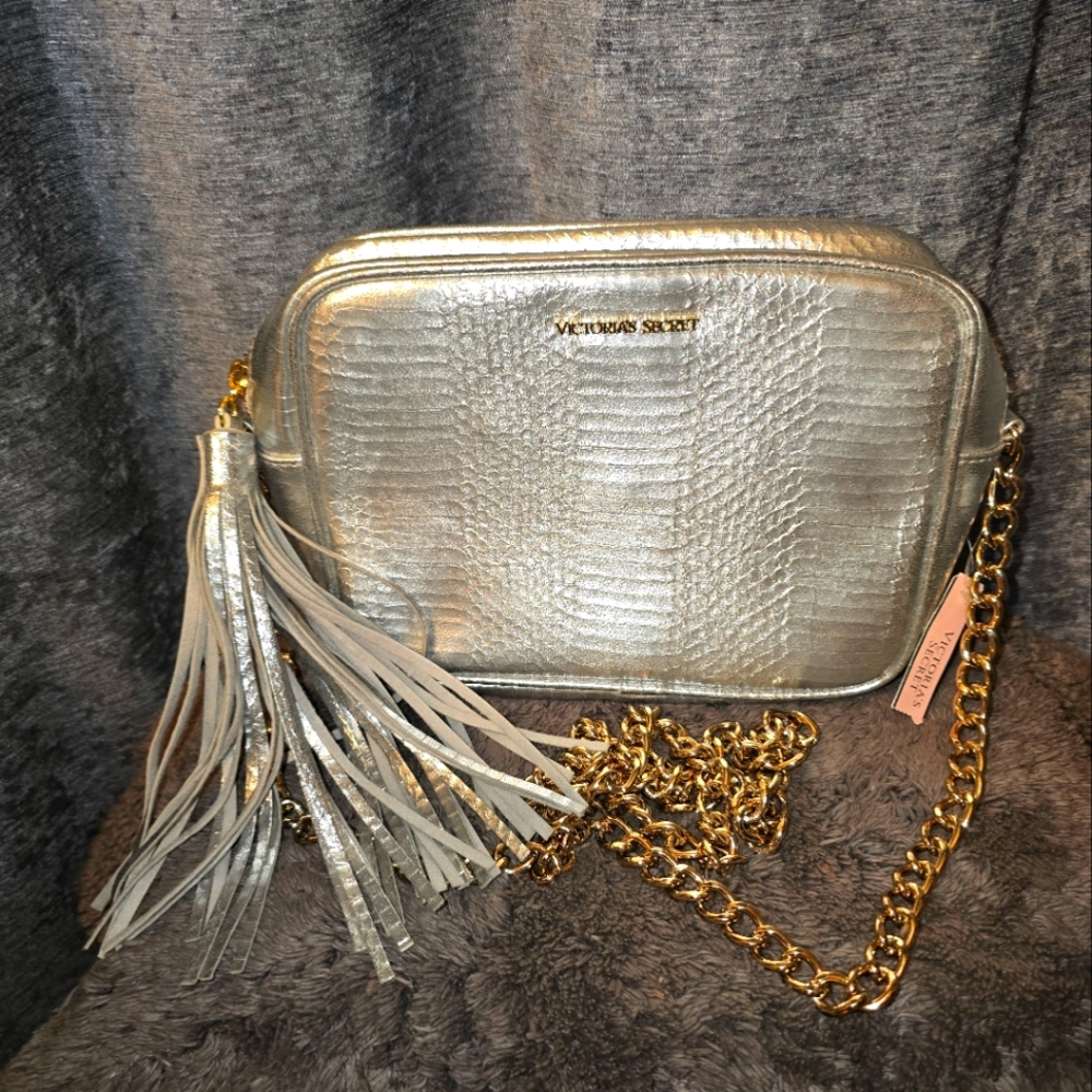 NEW Victoria’s Secret silver croc embossed tassled gold chain crossbody purse